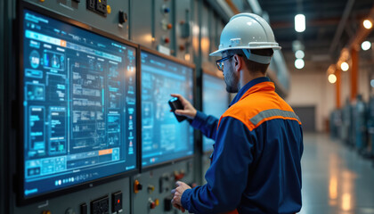 Man in hard hat and safety vest monitors control panel with multiple screens in industrial facility. Engineer uses remote control to adjust settings. Modern technology and machinery in large building.