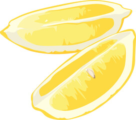 Two lemon wedges are shown, one with a seed visible, isolated on a white background.