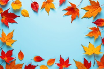 Autumn leaves scattered on a soft, light blue canvas, creating a vibrant, natural contrast, outdoor, beautiful