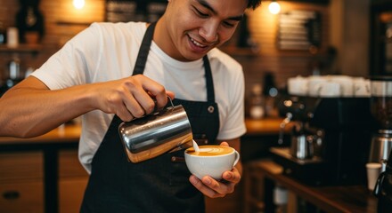 Barista preparing coffee with milk cafe scene serving beverage
