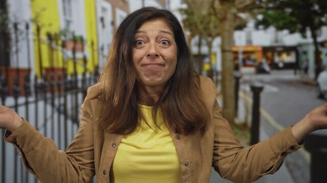 Woman in tan jacket and yellow shirt with raised hands shrugging gesture on city street lined with iron railings and trees; uncertainty doubt.