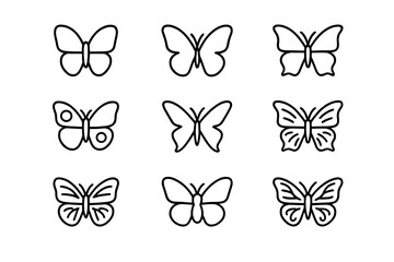 Collection of simple butterfly line drawings in a grid pattern suitable for coloring or design projects