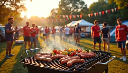 People gather at sunny park for barbecue party before sports game. Friends grill sausages, vegetables, enjoying food, good company. Casual outdoor event with tents, decorations, celebrating community