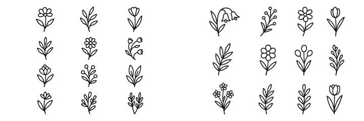 Variety of hand-drawn flower and leaf designs arranged in two sections for artistic inspiration and craft projects