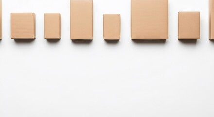 Row of various size brown cardboard boxes a top of white background. Environmentally friendly packaging concept with copy space for text.
