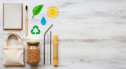 Eco friendly packaging and zero waste items on wooden table. Sustainable lifestyle and environmental conservation concept.