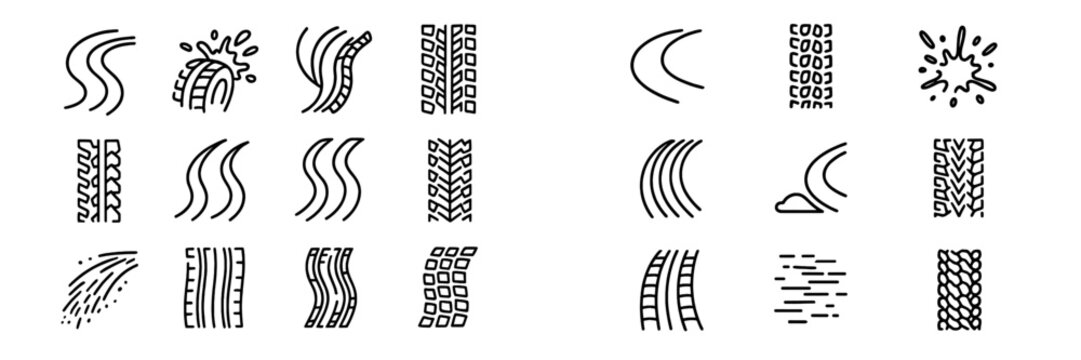 Various tire track patterns displayed across different styles and designs on a neutral background