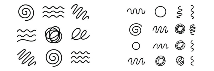 Black line drawings of various shapes and patterns on a white background showcasing creativity and design ideas