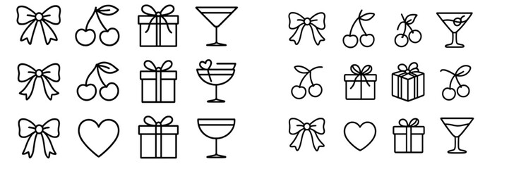 Various simple line art icons featuring bows, cherries, gifts, and cocktails in a playful arrangement