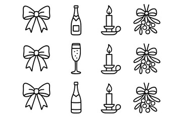 Celebration symbols featuring ribbons, candles, champagne, and mistletoe in festive arrangement