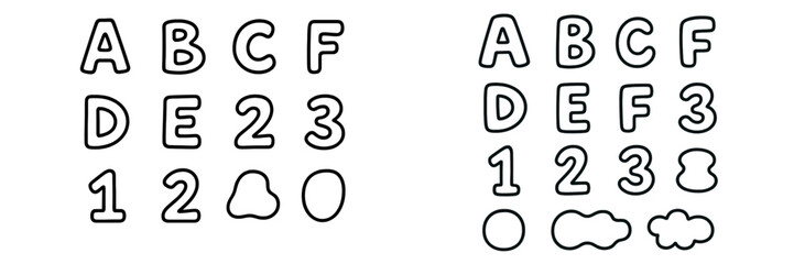 Unique outline letters and numbers arranged in a playful pattern for educational activities and design purposes