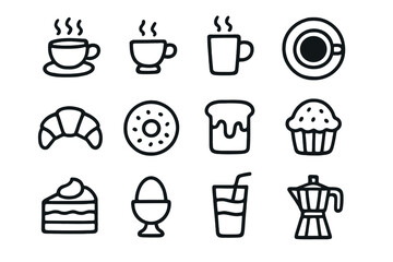 Morning breakfast icons including coffee, pastries, and desserts in a simple line art style