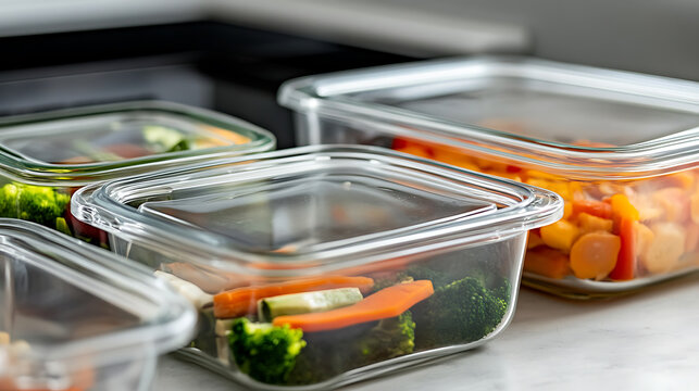 Freshly prepped vegetables like broccoli and carrots are stored in reusable glass containers. Clear lids seal in the freshness, making meal prep convenient and eco-friendly.