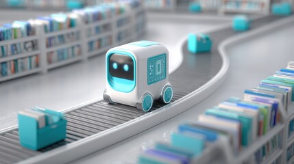 Medium shot of a robot scanning and categorizing files on a conveyor belt illustrating precise and systematic archive organization technology.