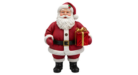 Santa claus figurine holding a gift isolated on transparent background