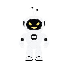 Smiling chat robot character with glowing eyes isolated on white background for technology concepts vector illustration
