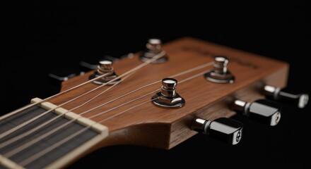 Fototapeta premium Close up of a wooden acoustic guitar headstock against a black background stringed instrument details