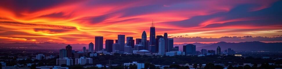 Fototapeta premium Los Angeles skyline ablaze with sunset hues, iconic skyscrapers silhouetted against a fiery sky, rays, view