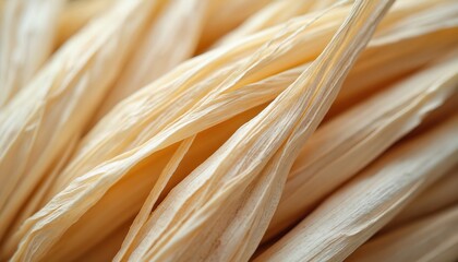 Close-up of dried corn husk surface. Textured beige, yellow fibers. Natural organic material for design, decor. Earthy tone, intricate pattern. Fibrous detailing of dried plant. Wrinkled, dry texture.