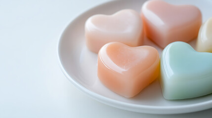 Pastel Heart Candies: A sweet arrangement of pastel-colored, heart-shaped candies are placed on a white plate, offering a delightful treat for the eyes and the palate.