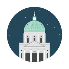 Famous Denmark landmark with green dome at night, isolated on white background vector illustration