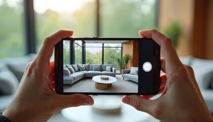 Person holds phone showing modern living room interior. Large windows reveal green trees outside. Elegant sectional sofa, coffee table, armchair furnish room. Virtual tour display.
