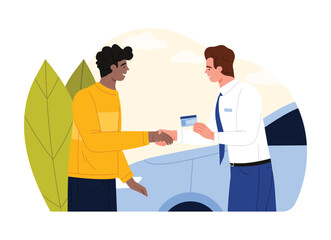 Driving school instructor congratulates student with handshake and license near car isolated vector illustration