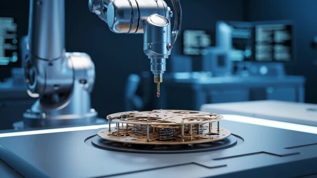 Robotic arm assembling clockwork in futuristic digital factory
