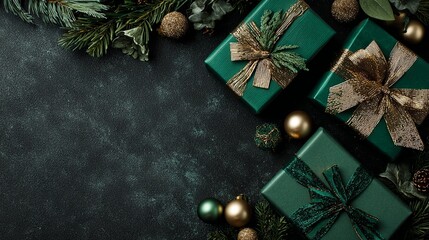 Elegant Christmas presents wrapped in emerald green and gold ribbon bring joy to the holiday season with beautiful ornaments and fresh pine
