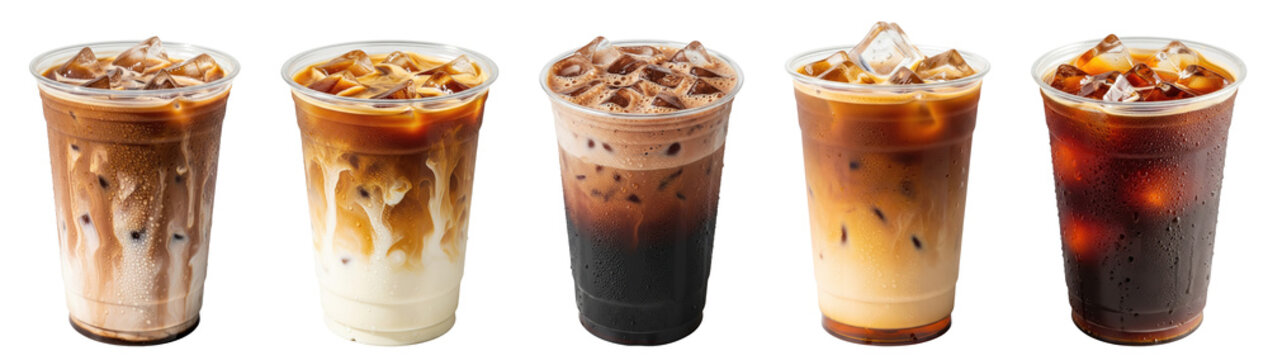 iced coffees with milk swirls: iced latte, iced macchiato, iced mocha, iced caramel latte, iced americano
