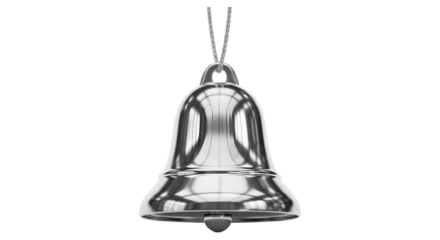 Shiny silver christmas bell with chain isolated on transparent background