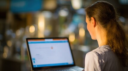 Closeup medium shot of a retail trainee using an interactive online cashier training module on a laptop with the surroundings gently out of focus.