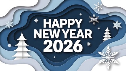 Happy New Year 2026 blue background modern christmas design set in paper cut style Usable for social media, banner space for copy template, created with generative ai