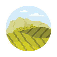 Minimal African landscape with rolling hills, mountains, and sky in a round isolated vector illustration