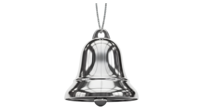 Shiny silver christmas bell with chain isolated on transparent background