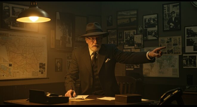 Man in vintage suit gesturing with illuminated office background