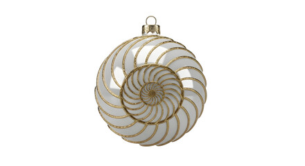 Elegant white christmas ornament with golden spiral isolated on transparent background