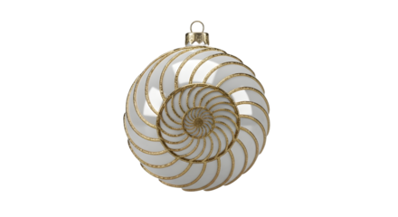 Elegant white christmas ornament with golden spiral isolated on transparent background