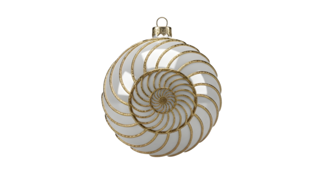 Elegant white christmas ornament with golden spiral isolated on transparent background