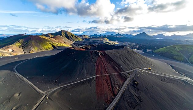 Aerial view showcases a dramatic volcanic landscape. Dominant cone with dark earth, patches of vibrant green, and a winding pathway under a sky of clouds - Powered by Adobe