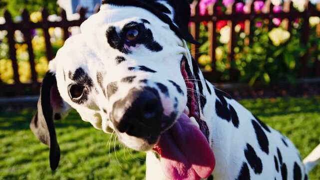 Dalmation dog plays joyfully in a vibrant garden with colorful flowers