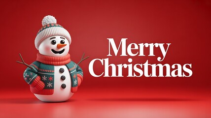 Snowman in Christmas sweater and hat with empty mockup space and Merry Christmas text on vibrant red background. 3D Rendering, created with generative ai