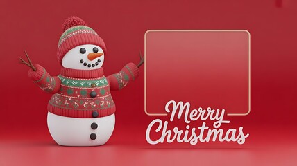 Snowman in Christmas sweater and hat with empty mockup space and Merry Christmas text on vibrant red background. 3D Rendering, created with generative ai