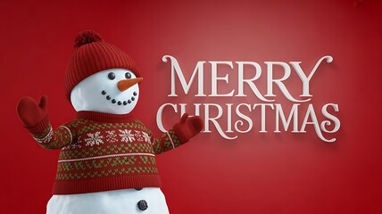 Snowman in Christmas sweater and hat with empty mockup space and Merry Christmas text on vibrant red background. 3D Rendering, created with generative ai