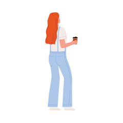Young woman with long red hair holding coffee cup standing isolated on white background vector illustration