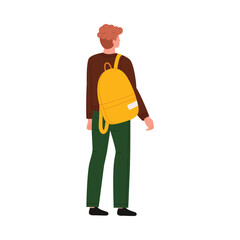 Young man standing with yellow backpack, back view, casual clothing, isolated on white vector illustration