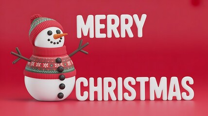 Snowman in Christmas sweater and hat with empty mockup space and Merry Christmas text on vibrant red background. 3D Rendering, created with generative ai