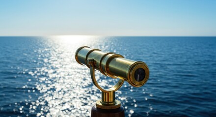 Telescope on deck overlooking ocean horizon clear sky sunlight