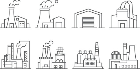 Minimalist line art illustration of various industrial factory buildings, power plant cooling towers, nuclear station,