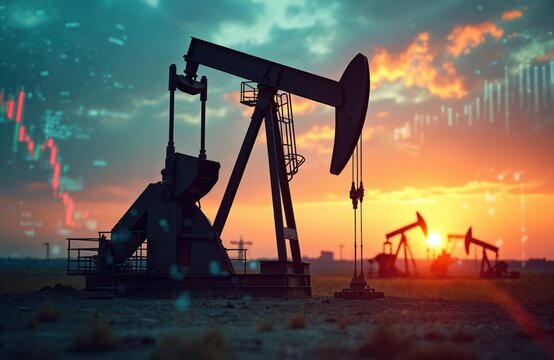 Oil pump jack extracting fossil fuel at sunset. Financial market data charts, graphs display economic impact of global energy industry. Pump jacks operate in oil field at sunrise. Graphs show stock